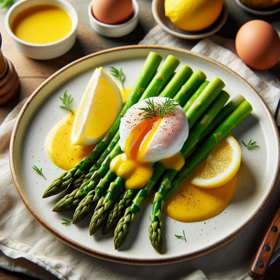 A poached egg with hollandaise sauce on a bed of asparagus
