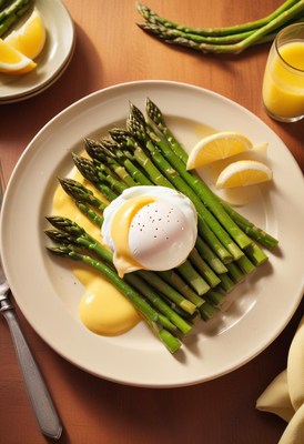 Poached egg with hollandaise on asparagus
