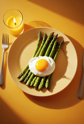 A sunny-side-up egg sits atop a bed of asparagus on a plate