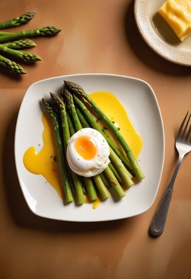 Poached egg, asparagus, hollandaise on a white plate