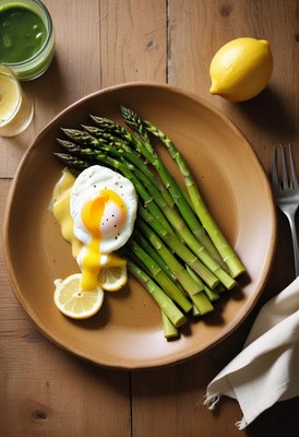 A poached egg and asparagus on a plate