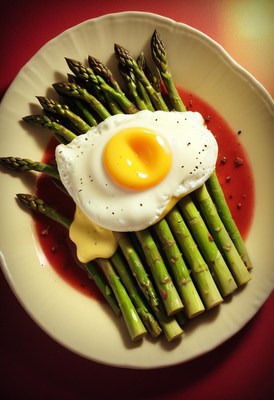 A fried egg sits atop a bed of asparagus on a white plate