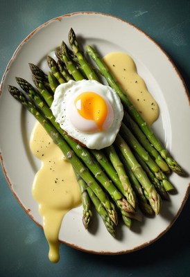 A plate of asparagus with a fried egg and hollandaise sauce