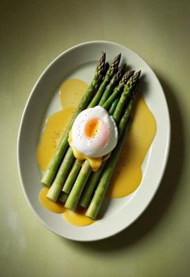 Poached egg atop asparagus with hollandaise