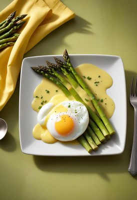 A poached egg with asparagus and hollandaise sauce
