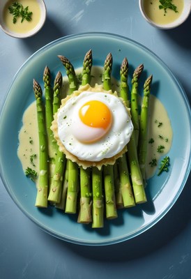 A poached egg sits on top of asparagus with a creamy sauce