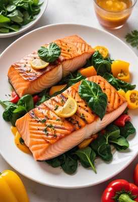 Grilled salmon with spinach and peppers for a healthy meal