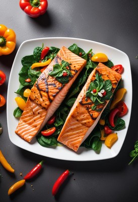 Grilled salmon with spinach and peppers on a plate