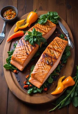 Grilled salmon on a bed of spinach, served with peppers