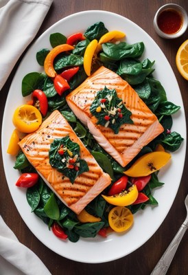 Grilled salmon with spinach and tomatoes