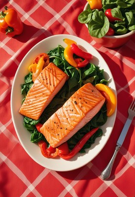 Grilled salmon with spinach and peppersâ€”ideal summer lunch