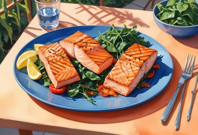 Grilled salmon with salad on a plate