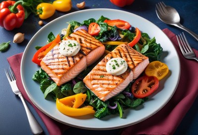 Grilled salmon with a salad on a blue plate
