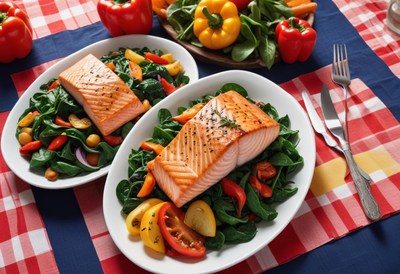 Salmon with spinach on a checked tablecloth