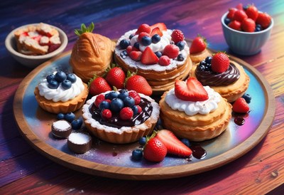 Pastry platter with berries and whipped cream