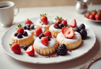A plate of pastries topped with berries and powdered sugar