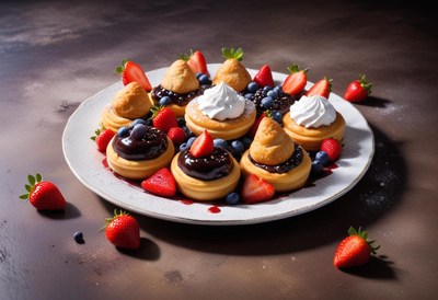 Pastries with chocolate, cream, and fresh berries