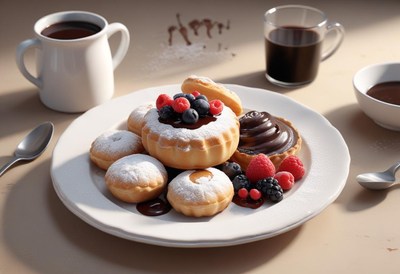 A plate of pastries topped with chocolate and berries
