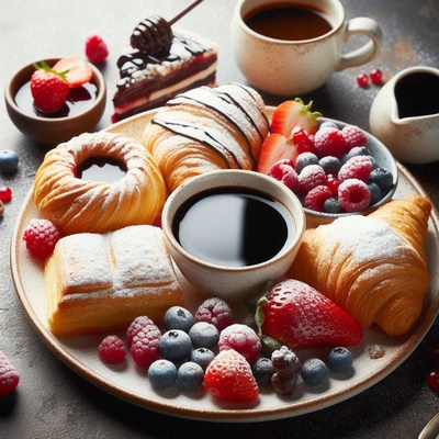 A plate of pastries, fruit, and coffee for a sweet breakfast