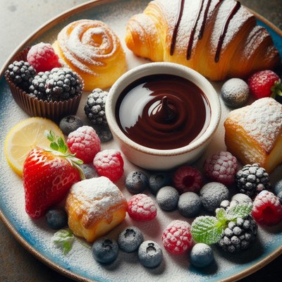 Breakfast with chocolate sauce and fresh berries