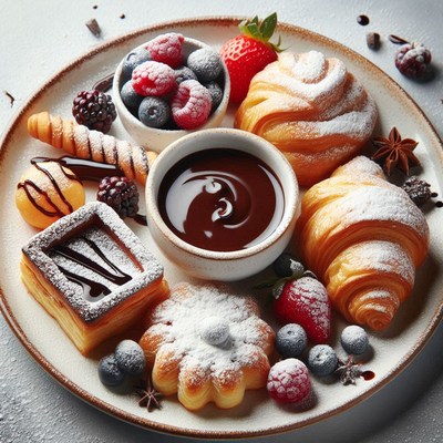 A white plate filled with pastries, fruit, and chocolate