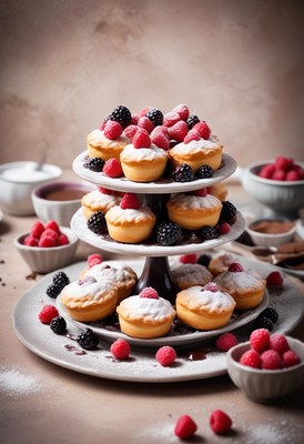 Mini pies topped with berries and powdered sugar