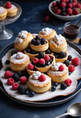 Sweet pastries topped with fresh berries on a blue plate