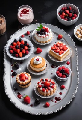 A tray of delicious desserts topped with fresh berries
