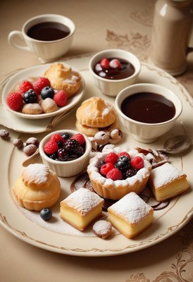 A plate of pastries and chocolate sauce