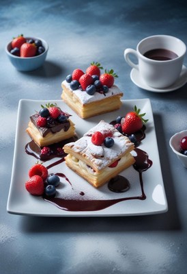 Three pastries with berries and chocolate sauce on a plate