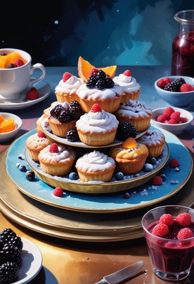 A tiered cake platter with berries and cream