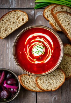 Borscht with sour cream, chives, and bread