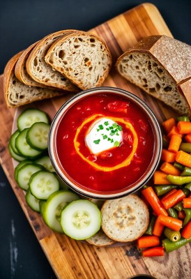 Red soup with cream, herbs, bread, cucumbers, and carrots
