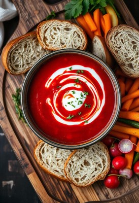 A bowl of red soup with cream and parsley on a wooden board