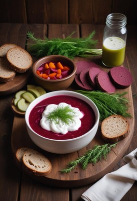 A bowl of beet soup with sour cream and dill