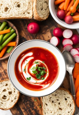 Tomato soup with cream, parsley, bread, and veggies
