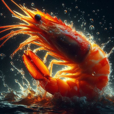 A shrimp leaps out of the water, creating a spray of bubbles
