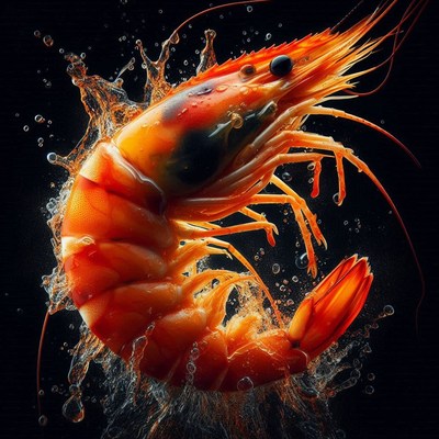 Fresh shrimp splashed with water on black