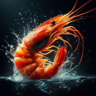A large shrimp leaps from the water