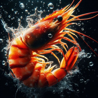 A large shrimp in water with bubbles