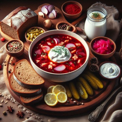 Borscht with sour cream, dill, bread, and pickles