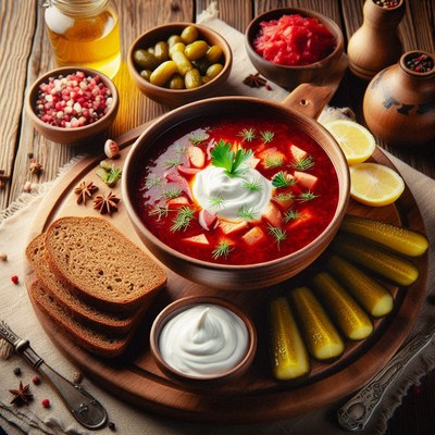Borscht with sour cream, dill, bread, and pickles
