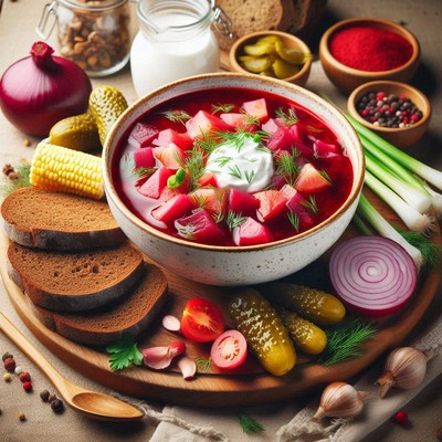 Beet soup with sour cream, bread, and pickles