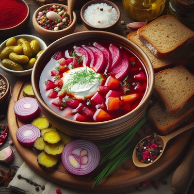 A bowl of borscht with sour cream and dill