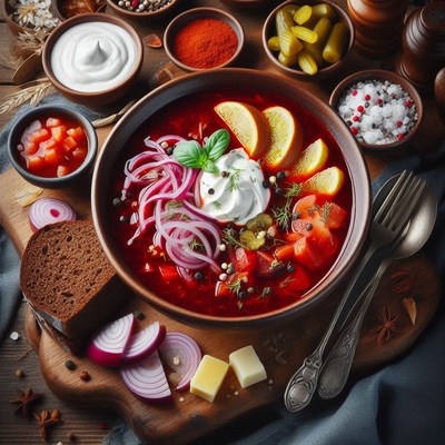 A bowl of borscht with sour cream and lemon