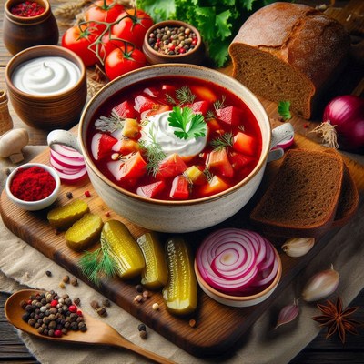 A bowl of borscht with sour cream and dill