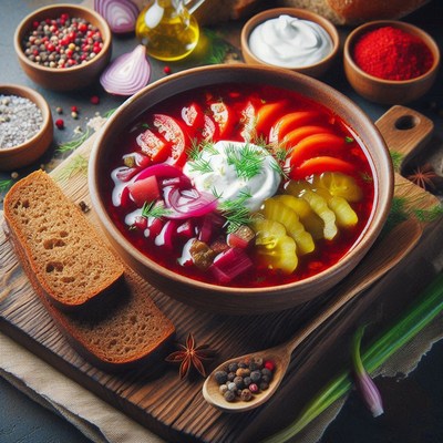 A bowl of borscht with sour cream and dill