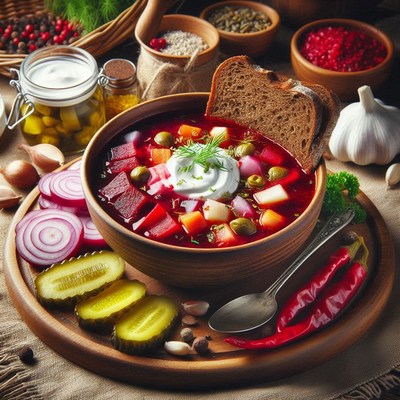 A bowl of borscht with sour cream, bread, and pickles