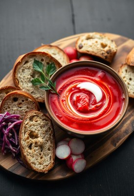 Red soup with cream, bread, and radishes on wood