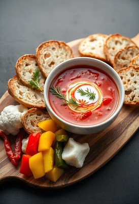 A bowl of red soup with bread and vegetables